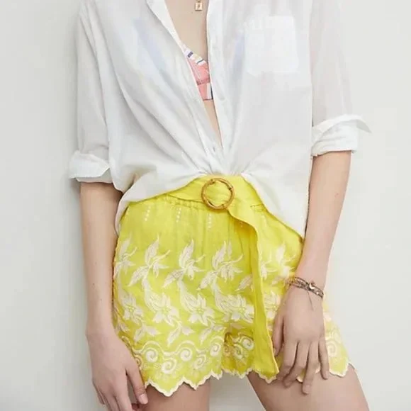 Anthro Place Nationale Yellow Linen Embroidered Shorts L